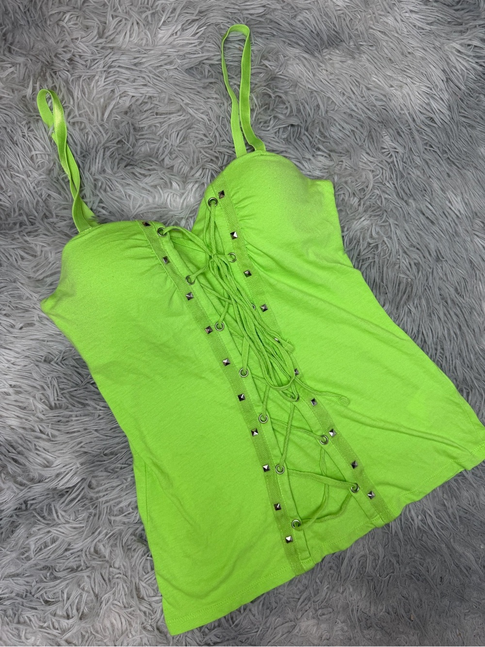 GLO Jeans Neon Green Lace Up Corset Cami Top M Studded Built In Bra Y2K 2010s